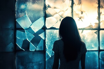 Poster - A woman stands in front of a window with shattered glass symbolizing loss and destruction A visual representation of shattered dreams and dashed hopes in bankruptcy .