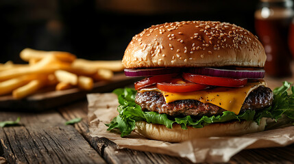 Poster - Delicious burger and fries on a wooden table, copy space
