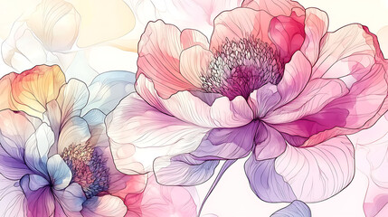 Poster - Abstract peony flower line art background, exotic nature design for cover, wall art, invitation, fabric, poster, canvas print in watercolor style