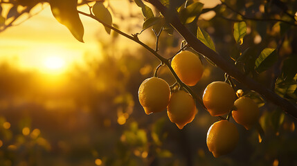 Poster - Ripe lemons hanging from branches in a sunlit orchard, with a warm golden glow of the sunset in the background