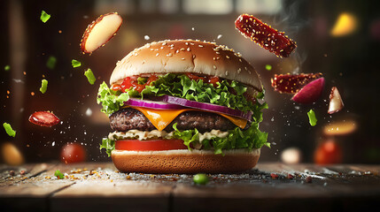 Poster - Delicious hamburger with flying ingredients, illustration