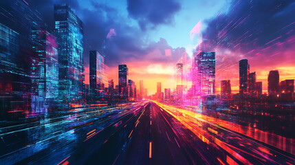 Poster - Abstract road leading to modern city, digitization concept virtual reality and communication