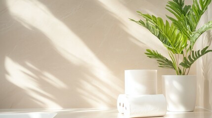 Poster - bright bathroom with minimal decor featuring potted plant and rolled towels in soft natural light