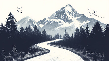 Poster - Road to success concept, with beautiful mountain drawing and path leading to it, illustration