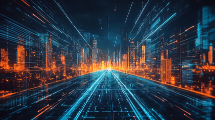 Poster - Abstract road leading to modern city, digitization concept virtual reality and communication