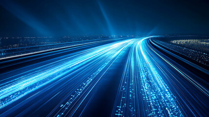 Leinwandbilder - Abstract road with blue light trails, data transfer speed and digitization concept