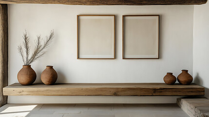 Poster - Rustic wall mounted wooden long sideboard with clay vases on white wall with three poster frames, farmhouse home interior design of modern living room