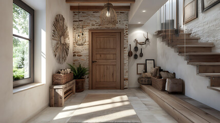 Poster - Rustic interior design of modern entrance hall with door in farmhouse