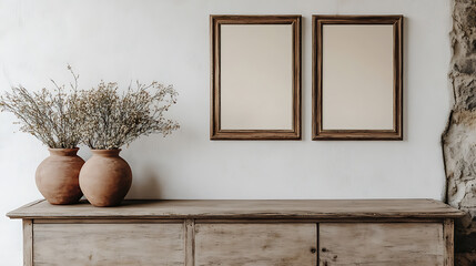 Poster - Rustic wall mounted wooden long sideboard with clay vases on white wall with three poster frames, farmhouse home interior design of modern living room