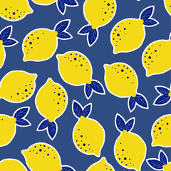Aufkleber - The image features a repeating pattern of yellow lemons with dark blue leaves. The lemons are stylized with a white outline and have small dark blue dots.