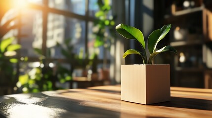 Poster - potted green plant in sunlight illuminating a modern indoor room with large windows