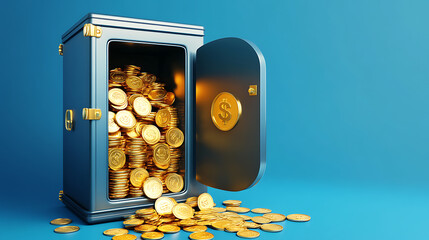 Poster - Safe full of gold coins money from open door illustration, isolated blue background, 3d illustration