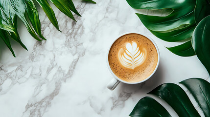 Poster - Top view of a cup of fresh aromatic morning coffee on a white marble table