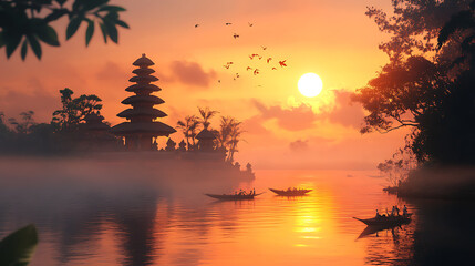 Poster - scene of a temple in bali at sunset for nyepi day
