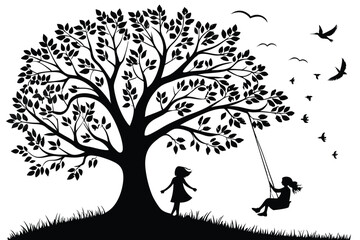78 silhouette art, large tree with detailed branches and leaves, two young girls swinging on tree sw