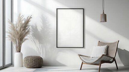Poster - Empty mock up poster frame on white wall, interior design of modern living room with armchair