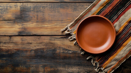 Aufkleber - Empty clay plate, mexican cloth on rustic wooden table