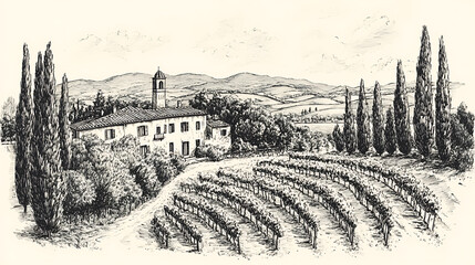 Poster - Serene tuscan vineyard landscape with a traditional villa, cypress trees, and distant hills, sketch engraving raster illustration, scratch board imitation, black and white image