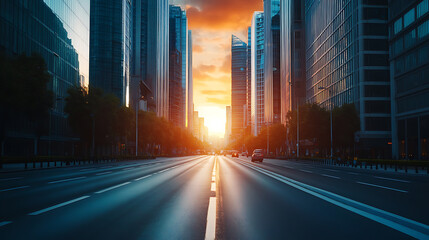 Poster - Empty road leading to sunset in a large city street with skyscrapers