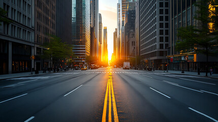 Poster - Empty road leading to sunset in a large city street with skyscrapers
