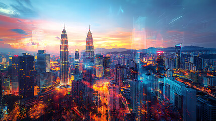 Aufkleber - An abstract technology hologram featuring a panoramic view of kuala lumpur at dusk in malaysia and asia, concept of technological change of the world