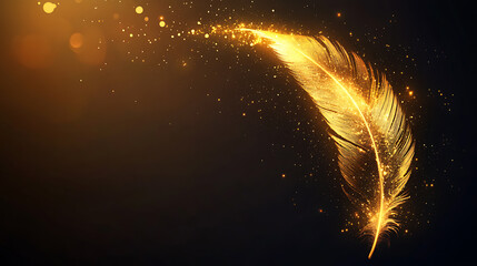 Poster - Shiny single golden feather with spark of light on dark background, illustration