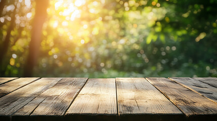 Poster - Empty rustic wood table in the nature, blurred background, illustration