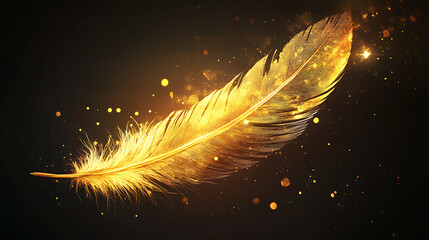 Poster - Shiny single golden feather with spark of light on dark background, illustration