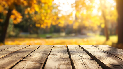 Aufkleber - Empty wood table in sunny autumn with blurred background, illustration