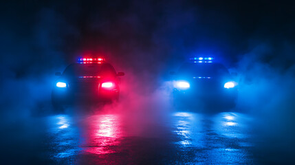Aufkleber - Siren flashing lights with overlay effect on emergency or police cars, red and blue police car flare surrounded by fog on dark night background