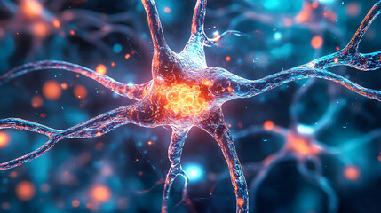 Fototapete - Exploring the intricacies of neurons stunning 3d microbiology render of the nervous system with ample copy space