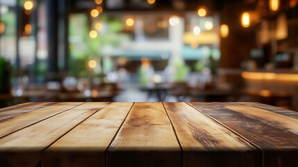 Poster - An empty wooden table with a blurred restaurant interior in the background, displaying a warmth and welcome ambiance