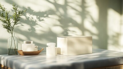 Poster - white skincare products arranged on a wooden table with soft shadows in a warm, natural light settin