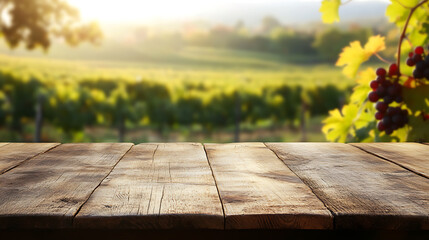 Poster - An empty wooden table for product display, blurred french vineyard in the background