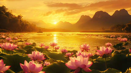Poster - an enchanting scene of a serene lake filled with blooming lotuses under a golden sunset, flanked by 