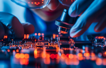 Poster - Microscope analysis of circuit board for electronics engineering and technology research industry focus