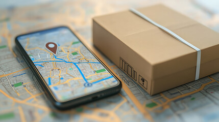 Poster - An online logistics concept shows tracking delivery of an order in an app on your phone, it shows location of the courier on a map on your phone's display, a shipping box is displayed with the