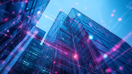 Poster - An office building, surrounded by digital connections and data points