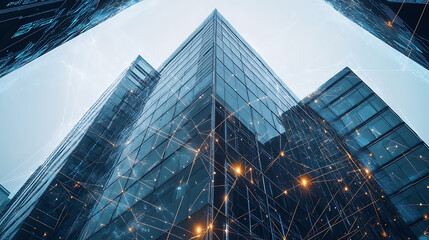 Aufkleber - An office building, surrounded by digital connections and data points