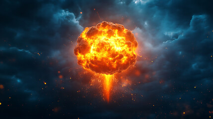 Aufkleber - Fiery nuclear weapon symbol on background of dark sky and explosion selective focus