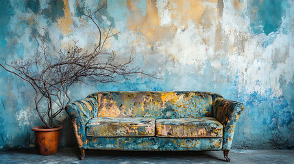Poster - Sofa and pot with twigs against of grunge stucco wall with copy space, loft interior design of modern living room, home