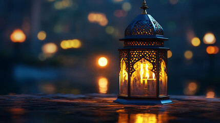 Poster - Arabic calligraphy of ramadan kareem, illuminated arabic lamp on background, 3d render