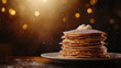 © CreativeCreations - Stack of crepes (french pancakes) on a plate, chandeleur celebration web banner with copy space