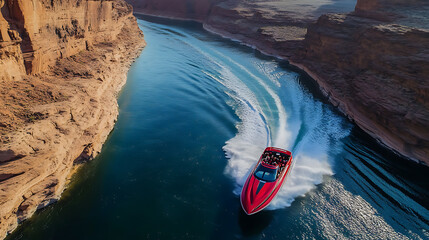 Poster - Speedboat racing in canyon river