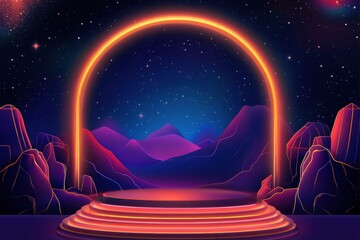Wall Mural - abstract neon background with podium geometric shape, beautiful frame and extraterrestrial landscape