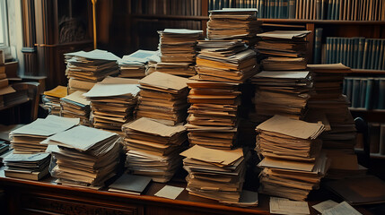 Poster - Stacks of paperwork and charts on a library desk