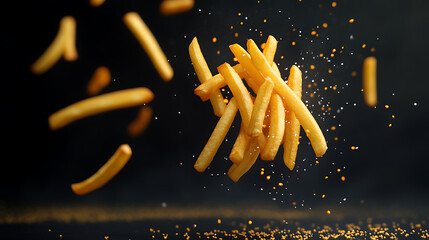 Aufkleber - Freeze motion of flying french fries on dark background, concept of junk unhealthy food
