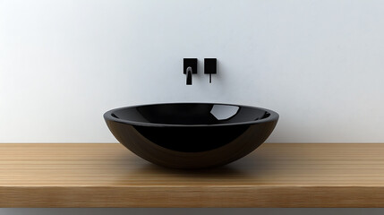 Poster - Stylish black vessel sink and faucet on wooden countertop, interior design of modern bathroom