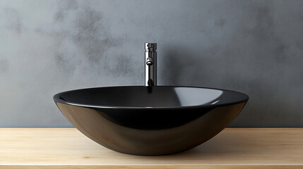 Poster - Stylish black vessel sink and faucet on wooden countertop, interior design of modern bathroom