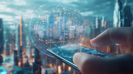 Poster - Artificial intelligence looking at smart city, connected with planet through global mobile internet on phone futuristic modern 3d illustration